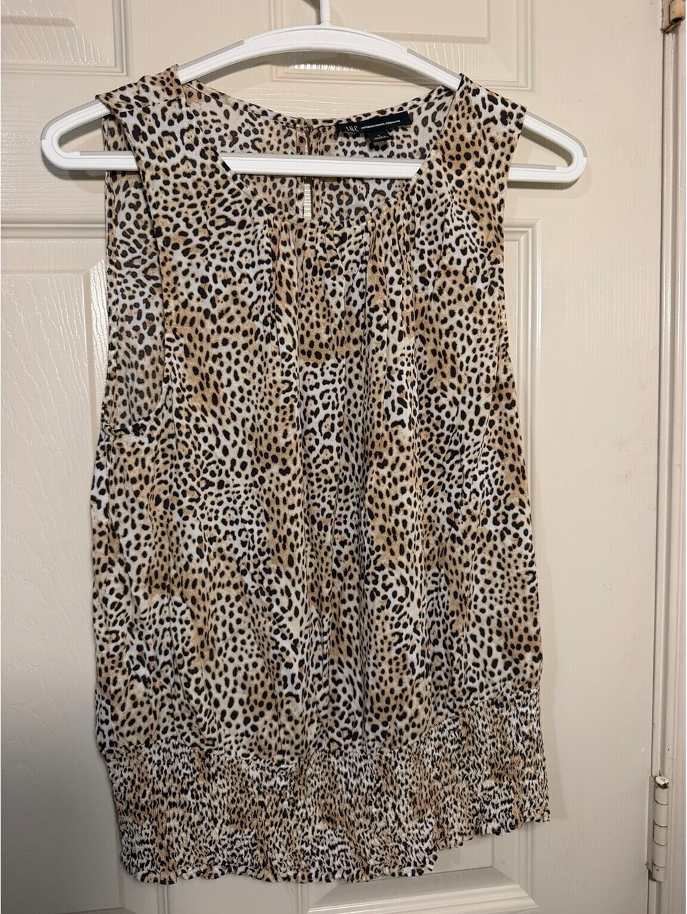 INC International Concepts Leopard Cheetah Print Smocked Hem Sleeveless Top L
